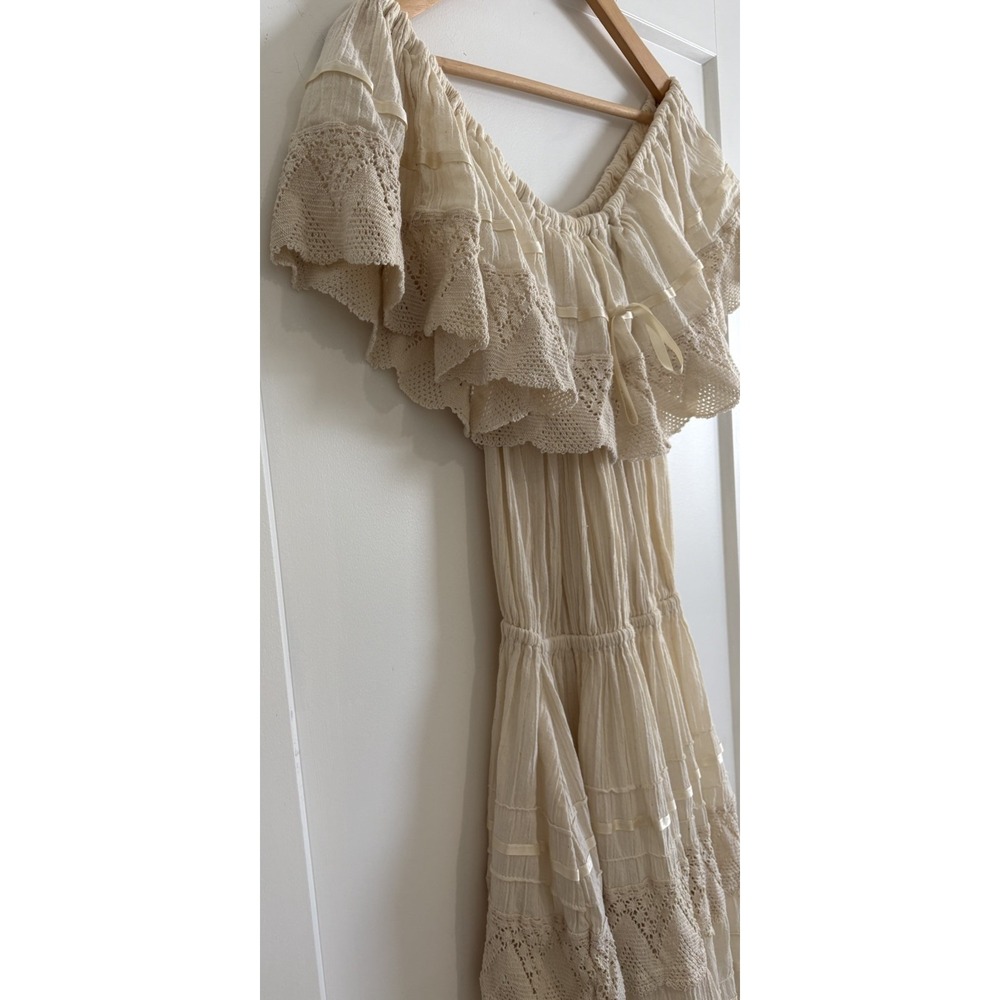 Vtg 70s Mexican Wedding Dress Off Shoulder Gauze Lace Tiered Peasant Boho XS SM - Picture 4 of 11